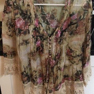 Beautiful Adiva Beige and Flowers Top with 3/4 Sleeves & Lace Size L